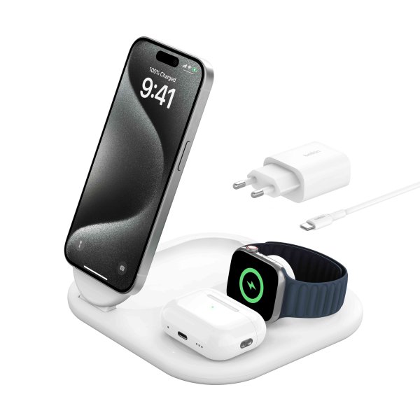 Belkin Wireless QI2 Charger (3-in-1), 15W, magnetisch, einklappbar, Weiß