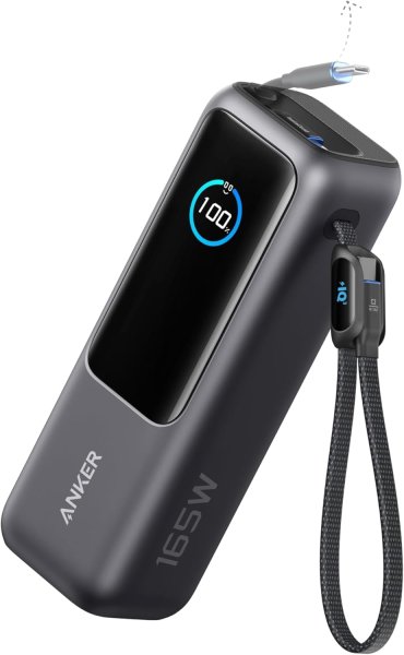 Anker Powerbank, 25000mAh, 165W, Integriertes + einziehbares Kabel, 3x USB-C + 1x USB-A, Schwarz