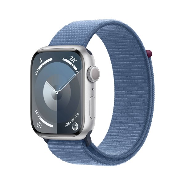 Apple Watch Series 9 GPS, 45 mm Aluminuimgehäuse Silber, Sport Loop Armband Winterblau